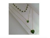 Conjunto Colar Triplo Pedra Verde Folheado A Ouro 18k