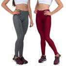 Conjunto com 2 Calças Legging Fitnes Suplex Lisa Cintura Alta Cinza e Vermelho