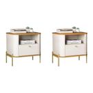 Conjunto com 2 Mesas de Cabeceira Curva Gaveta 1 Nicho Pés e Puxadores em Metal 45cm Tucupí Bege Off White/Nature/Dourado