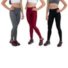 Conjunto com 3 Calças Legging Fitnes Suplex Lisa Cintura Alta Cinza, Vermelha e Preta