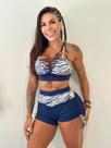 Conjunto com Short Azul Rajado e Top Rajado com detalhe Azul Marinho e com Zero Transparência Conjunto com Short Azul Rajado e Top Rajado com detalhe Azul Marinho e com Zero Transparência
