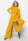 Conjunto Comfy Cropped Manga Longa e Calça Wide Leg Canelado Mostarda Salvatore