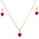 Conjunto Coração Corrente Pingente e Brincos Vermelho Rubi Ouro 18k