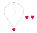 Conjunto coração safira rosa fusion com pérolas banhado a ródio branco