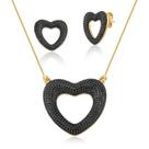 CONJUNTO CORAÇÃO VAZADO E MOLDURA CRAVEJADA PRETO Preta
