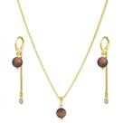 Conjunto corrente e brincos pedra natural olho de tigre, joia antialérgica banhada em ouro 18k.