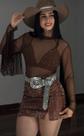 Conjunto Country Body Franjas, Top Strass e Saia Brilho