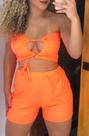 Conjunto cropped amarrações e short cintura alta em cores vibrantes