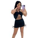 Conjunto Cropped com Decote e Tiras na Frente + Saia