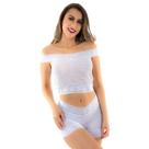 Conjunto Cropped e Mini Shorts Arrastão Detalhes em Renda Branco Conjunto Cropped e Mini Shorts Arrastão Detalhes em Renda Branco