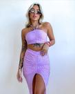 Conjunto cropped e saia com fenda e elástico na frente