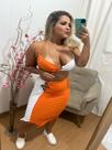 Conjunto curto de croped e saia sol Modas feminino, laranja e branco tam G