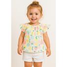 Conjunto curto infantil 2 peças Short jeans branco Blusa estampa de frutas menina estilo