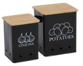 Conjunto de 2 latas de armazenamento de vegetais de cozinha para batatas, cebola, com tampa de madeira, Garlic Bin Caddy, Long Shelf Life-Black