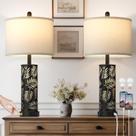 Conjunto de 2 Luminárias Rústicas para Mesa de Canto para Sala e Quarto, Abajur Vintage Estilo Fazenda com 2 Portas USB, Luminária de Metal Preto Vazado para Mesa de Apoio com Luz Noturna (Preto Retrô)