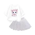 Conjunto de 2 Peças Verão para Meninas - Camiseta de Gato e Saia Tutu