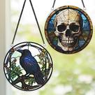 Conjunto de 2 penduradores de acrílico Halloween Raven Skull Conjunto de 2 penduradores de acrílico Halloween Raven Skull