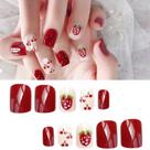 Conjunto de 24 Press On Nail Piece Red Strawberry & Cherry Motif Short Jelly Acrílico Unhas Com