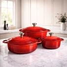 Conjunto de 3 Panelas Caçarolas LeChef Vermelho Antiaderente Indução