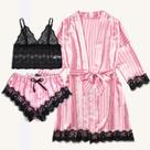 Conjunto De 3 Peças De Lingerie Em Seda Com Renda Preta, Quimono, Cinto E Robe De Banho Para