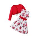 Conjunto De 3 Peças Para Meninas: Vestido Floral Sem Mangas Com Cinto E Xale, Moda Primavera-Outono