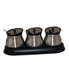 Conjunto de 3 Porta Tempero em Inox com Base Conjunto de 3 Porta Tempero em Inox com Base