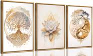 Conjunto de 3 Quadros em Tela com Moldura de Madeira Árvore da Vida, Pintura Zen Lótus Dourada, Arte Abstrata Yin Yang, Decoração de Parede para Sala de Estar, Sala de Yoga, Quarto de Hotel