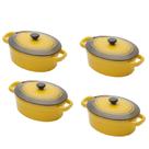 Conjunto de 4 mini panelas Amarela ovais de porcelana, com tampa - 15cm