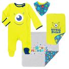 Conjunto de 4 peças Disney Pixar Monsters Inc. Mike: macacão Sleep N' Play, babador, pano para arrotar, 0 a 6 meses