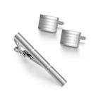 Conjunto de abotoaduras e clipes de gravata para homens, elegante listrado prateado
