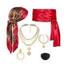 Conjunto De Acessórios De Cosplay De Pirata Para Halloween 6 Peças: Lenço Vermelho E Preto, Cinto,