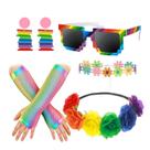 Conjunto de acessórios de festa: óculos arco-íris, luvas, brincos e muito mais