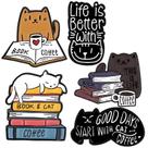 Conjunto de alfinetes de broche, desenho animado, gato, livro e tema de café, liga