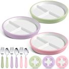 Conjunto de alimentação de pratos infantis de porcelana grande Teenyyou de 8", ventosas de cerâmica para crianças com capa de silicone antiderrapante para bebês, 3 colheres e garfos divididos (verde, rosa, roxo)