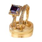 Conjunto De Anéis De Noivado De Cristal De Zircônia Roxa Em Ouro Luxuoso Vintage Para Mulheres
