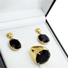 Conjunto De Anel E Brincos Com Pedras Negras Facetadas Banho De Ouro 18k 371 1088