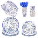 Conjunto de artigos de festa Elyxio, 175 unidades, azul floral, para 25 convidados