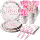 Conjunto de artigos para festas Winter Onederland Pink Silver Snowflake