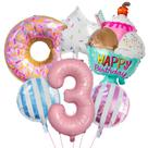 Conjunto de balões com tema de donut e sorvete com papel alumínio número 3 x6 Conjunto de balões com tema de donut e sorvete com papel alumínio número 3 x6