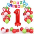 Conjunto de balões com tema de morango, feliz aniversário, com 23 unidades Conjunto de balões com tema de morango, feliz aniversário, com 23 unidades