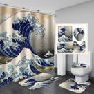 Conjunto de banheiro: cortina de chuveiro 3D Ocean Wave com tapete e tampa de vaso sanitário