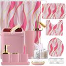 Conjunto de banheiro XLHOMO rosa e dourado com cortina de chuveiro e tapetes