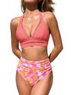 Conjunto de biquíni CUPSHE, maiô feminino de cintura alta, decote em V, rosa Conjunto de biquíni CUPSHE, maiô feminino de cintura alta, decote em V, rosa