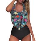 Conjunto de biquíni feminino casual sexy com babados com impressão Swimwear Beachwear