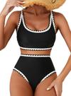 Conjunto de biquíni feminino Herseas, preto, ponto concha, cintura alta