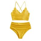 Conjunto de biquíni feminino sexy cruzado nas costas sólido cintura alta canelada maiô de duas peças