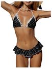 Conjunto de biquíni feminino WDIRARA, de bolinhas, babados, triângulo, preto e branco
