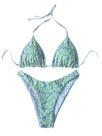 Conjunto de biquíni floral listrado WDIRARA com top halter e calcinha fio dental de cintura alta XS Conjunto de biquíni floral listrado WDIRARA com top halter e calcinha fio dental de cintura alta XS