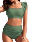 Conjunto de biquíni Kate Kasin Full Coverage Ruffle High Waist Army