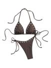 Conjunto de biquíni WDIRARA com top halter triângulo e amarração lateral marrom claro tamanho P